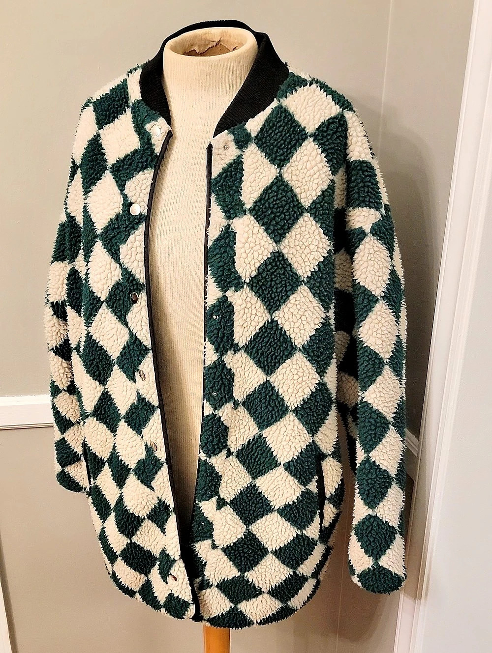 Anthropologie If By Sea Harlequin Fleece Jacket in Green & Cream Size Small